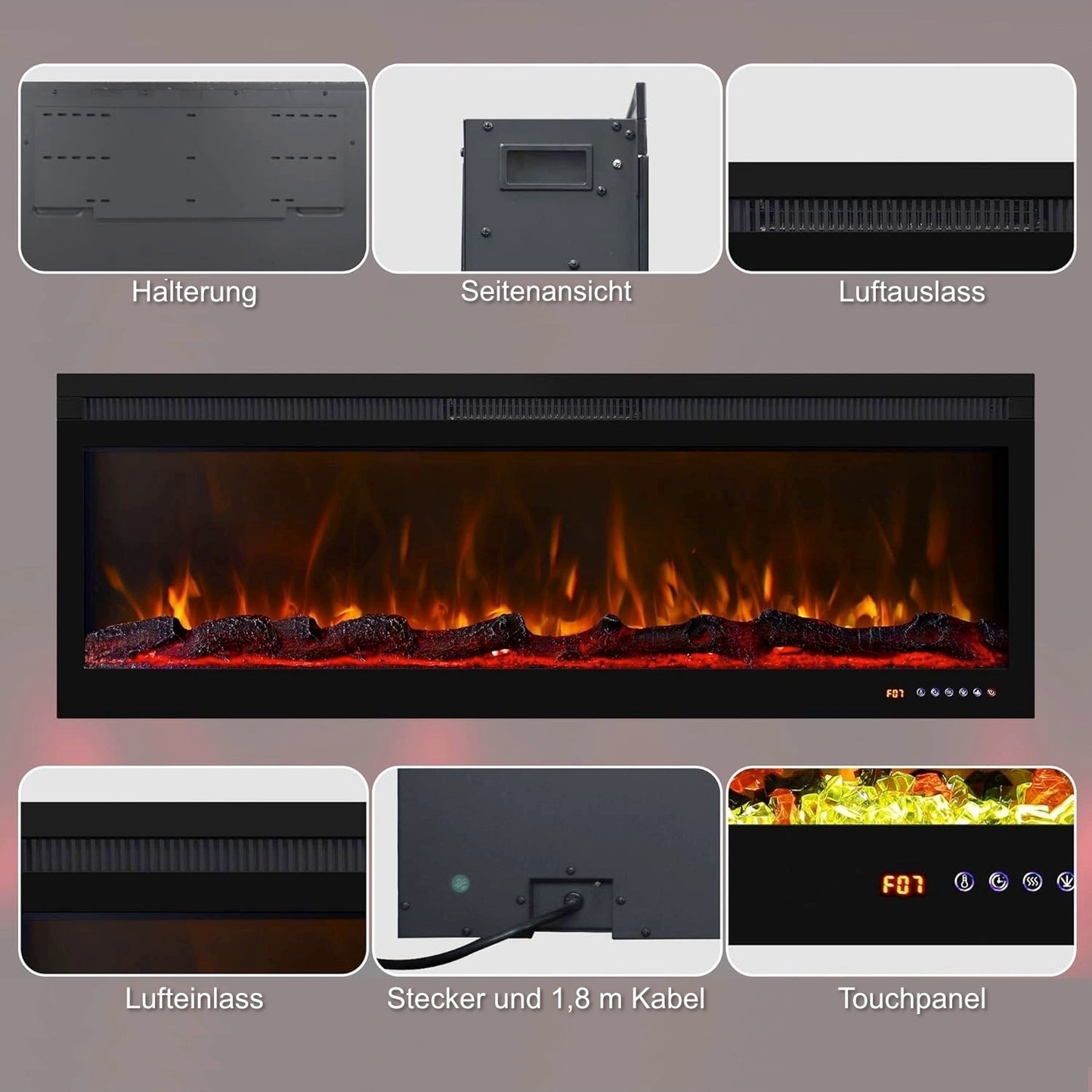 Mystflame 3D La Perla 72 realistischer Wand-Elektrokamin (BxHxT) 1829x450x160 mm